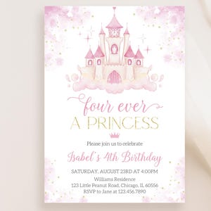 Redigerbar inbjudan till 4-årsdagen för en prinsessa, blommig prinsessfödelsedagsinbjudan, kunglig prinsessa med magiskt slott, BRT244 bild 2
