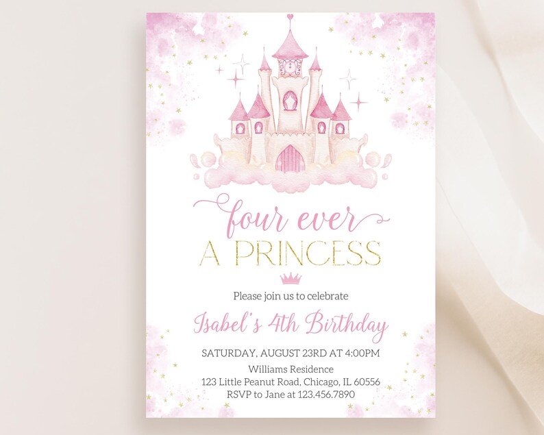 Redigerbar inbjudan till 4-årsdagen för en prinsessa, blommig prinsessfödelsedagsinbjudan, kunglig prinsessa med magiskt slott, BRT244 bild 2