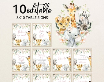 May include: Ten editable 8x10 table signs with a safari animal theme. Each sign features a watercolor illustration of a lion cub, elephant, giraffe, and zebra. The signs have text such as "Babies are sweet" and "Books & Gifts".