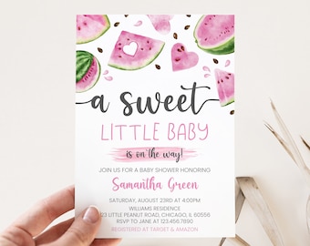 Editable Pink Watermelon Baby Shower Invitation, Watermelon Baby Shower Invite, Sweet Little Baby Baby Shower, Watermelon, BBS702