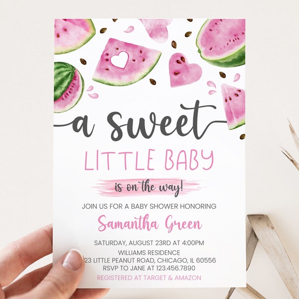 Editable Pink Watermelon Baby Shower Invitation, Watermelon Baby Shower Invite, Sweet Little Baby Baby Shower, Watermelon, BBS702