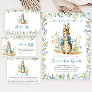 Pacchetto di inviti per baby shower modificabili Peter Rabbit, invito per baby shower Peter Rabbit blu, invito per baby shower Peter Rabbit maschio, BBS298