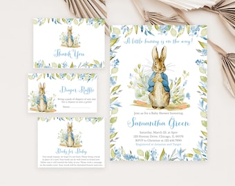 Bundle modifiable d'Invitation pour baby shower Pierre lapin, invitation baby shower Pierre lapin bleu, invitation baby shower Pierre lapin garçon, BBS298