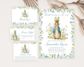 Editable Peter Rabbit Baby Shower Invitation Bundle, Blue Peter Rabbit Baby Shower Invite, Boy Peter Rabbit Baby Shower Invite, BBS298