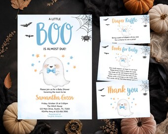 Editable Blue A Little Boo Baby Shower Invitation Bundle, Boy Halloween Baby Shower Invite, Ghost Halloween Baby Shower Invite, BBS452
