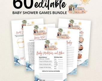 Könnte beinhalten: Ein Set aus 60 bearbeitbaren Babyparty-Spielkarten mit Strandmotiv, das ein Surfbrett, eine Palme, eine Sonne und einen Van zeigt. Jede Karte enthält Text wie Baby Predictions and Advice, Guess Who und Bucket List mit blauen Wellen.