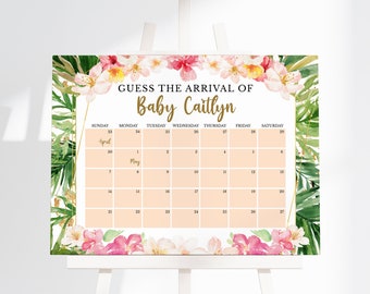 Editable Floral Tropical Girl Baby Shower Guess Baby's Arrival, Tropical Aloha Baby Shower Due Date Calendar, Girl Hawaiian Shower,BBS676