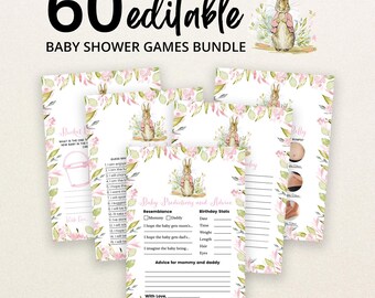 Könnte beinhalten: Ein Set aus 60 bearbeitbaren Babyparty-Spielkarten mit einer Aquarell-Hasenillustration, rosa Blumenrändern und grünen Blättern. Der Text enthält 60 editable baby shower games bundle, baby predictions and advice und bucket list.