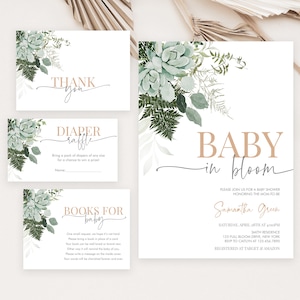 Pacchetto di inviti per baby shower "Baby in Bloom" modificabili, pacchetto di inviti per baby shower "Succulente", invito per baby shower "Greenery Succulente", BBS371