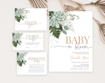 May include: A set of four baby shower cards with a green and white floral design. The cards include a thank you card, a diaper raffle card, a books for baby card, and a baby shower invitation card. The invitation card says "Baby in Bloom" and includes the name Samantha Green, the date and time of the shower, and the location. The cards are printed on white cardstock and have a gold foil accent.