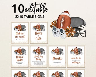 Bearbeitbares Tischschild „Touchdowns und kleine Zehen“ für die Babyparty, Gastgeschenke „Football-Babys sind süß“, Windel-Verlosungsgeschenke für Paare bei der Babyparty, BBS841