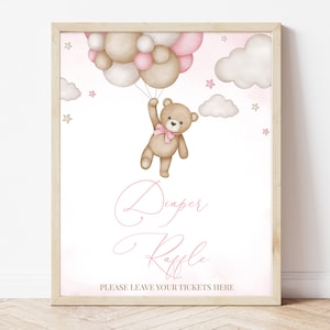 Windel-Gewinnspiel-Zeichen Braunbär-Ballon-Babyparty, Wir können Bären-Babyparty-Windel-Eintrittsschild warten, rosa Boho-Bärnmädchen-Dekor, BBS389