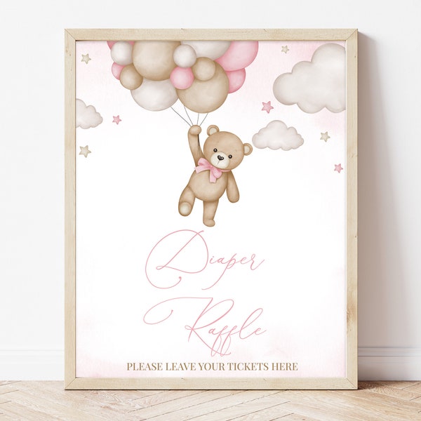 Diaper Raffle Sign Brown Bear Balloon Baby Shower, We Can Bearly Wait Baby Shower Diaper Ticket Sign, Pink Boho Bear Girl Decor, BBS389