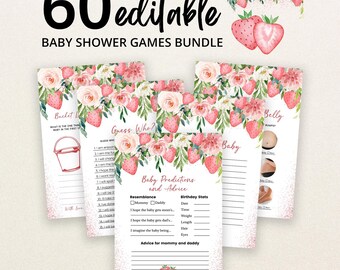 Editable Pink Strawberry Baby Shower Game Bundle, Floral Strawberry Baby Shower Game Pack, Berry Sweet Baby Shower Games, BBS666
