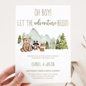 Editable Let the Adventure Begin Woodland Baby Shower Invitation, Woodland Baby Shower Invite, Boy Adventure Baby Shower Invitation, BBS392