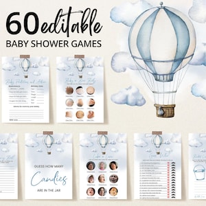 Pacchetto di giochi per baby shower "L'avventura attende" modificabile, pacchetto di giochi per baby shower "La mongolfiera blu", giochi per baby shower "L'avventura attende" per ragazzi, BBS317