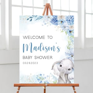 Editable Boy Elephant Baby Shower Welcome Sign, Blue Elephant Baby Shower Poster, Floral Elephant Baby Shower Decor, Little Peanut, BBS482