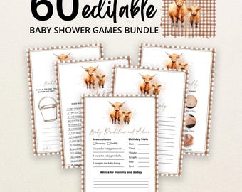 Könnte beinhalten: Ein Set aus 60 bearbeitbaren Babyparty-Spielkarten mit braun-weißem Vichy-Karo-Rand und Aquarell-Illustrationen von Hochlandrindern. Die Karten enthalten Text für Baby-Vorhersagen, Ratschläge und verschiedene Spiele mit Leerzeilen.