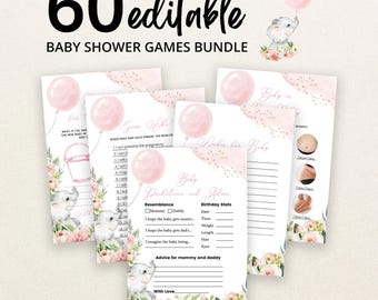 May include: A bundle of 60 editable baby shower game cards featuring a watercolor elephant holding a pink balloon, floral accents, and gold confetti. The cards include text for baby predictions, advice, and games with lines for writing.