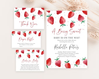 May include: A set of four printable cards for a baby shower. The cards are decorated with a watercolor pattern of red strawberries on a white background with black polka dots. The cards include a thank you card, a diaper raffle card, a books for baby card, and a baby shower invitation card. The invitation card reads "A Berry Sweet Baby is on the Way!" and includes the name "Rachelle Peters", the date and time of the shower, the address, and the RSVP information.