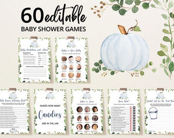 Editable Greenery Pumpkin Baby Shower Game Bundle, Oh Boy Pumpkin Baby Shower Game Pack, Blue Pumpkin Baby Shower Games, Fall Games, BBS173