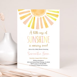 Editable Sunshine Baby Shower Invitation, A Little Ray of Sunshine Baby Shower Invite, Girl Sun Baby Shower, Boho Sunshine Shower,BBS397