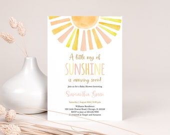 Bearbeitbare Sonnenschein-Babyparty-Einladung, ein kleiner Sonnenstrahl-Babyparty-Einladung, Mädchen-Sonnen-Babyparty, Boho Sonnenschein-Dusche, BBS397