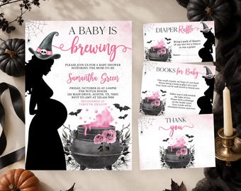 Editable A Baby is Brewing Pink Halloween Baby Shower Invitation Bundle, Girl Halloween Baby Shower Invite, Witch Baby Shower, BBS429