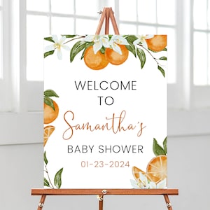 Bearbeitbares Little Cutie Babyparty Willkommensschild, Orange Babyparty Poster, geschlechtsneutrales Orange Citrus Babypartydekor, BBS675