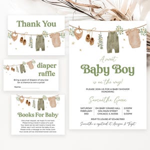 Pacchetto di inviti per baby shower Boho It's a Boy modificabili, pacchetto di inviti per baby shower Boho verde, invito per stendibiancheria, BBS853