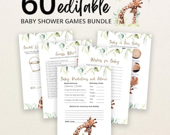 May include: A 60 editable baby shower games bundle featuring watercolour giraffe illustrations and green eucalyptus leaves. The printed cards include titles like Baby Predictions and Advice, Guess Who, and Baby or Beer Belly with text.