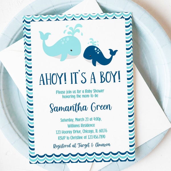 Editable Whale Baby Shower Invitation, Blue Whale Baby Shower Invite, Under the Sea Baby Shower Invite, Boy Ocean Baby Shower, BBS254