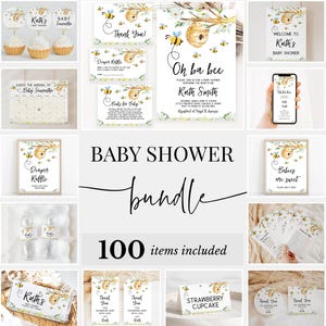 May include: A baby shower printable bundle with a bee theme. The bundle includes 100 items, such as invitations, thank you cards, diaper raffle tickets, and welcome signs. The design features a yellow and white color scheme with cute bee illustrations.