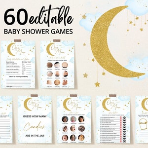 Editable Blue We are Over the Moon Baby Shower Game Bundle, Twinkle Little Star Baby Shower Game Pack, Gold Moon Star Boy Games, BBS751