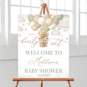 Cartello di benvenuto modificabile per baby shower con mongolfiera verde a forma di orso, poster "Non vediamo l'ora", decorazione per baby shower unisex a forma di orso, BBS461
