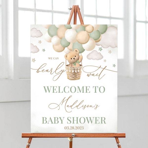 Bearbeitbares Bär Grün Heißluftballon Baby-Dusche-Willkommens-Schild, Wir können Bärtig warten Poster, Geschlecht Neutral Bär Baby-Dusche-Dekor, BBS461