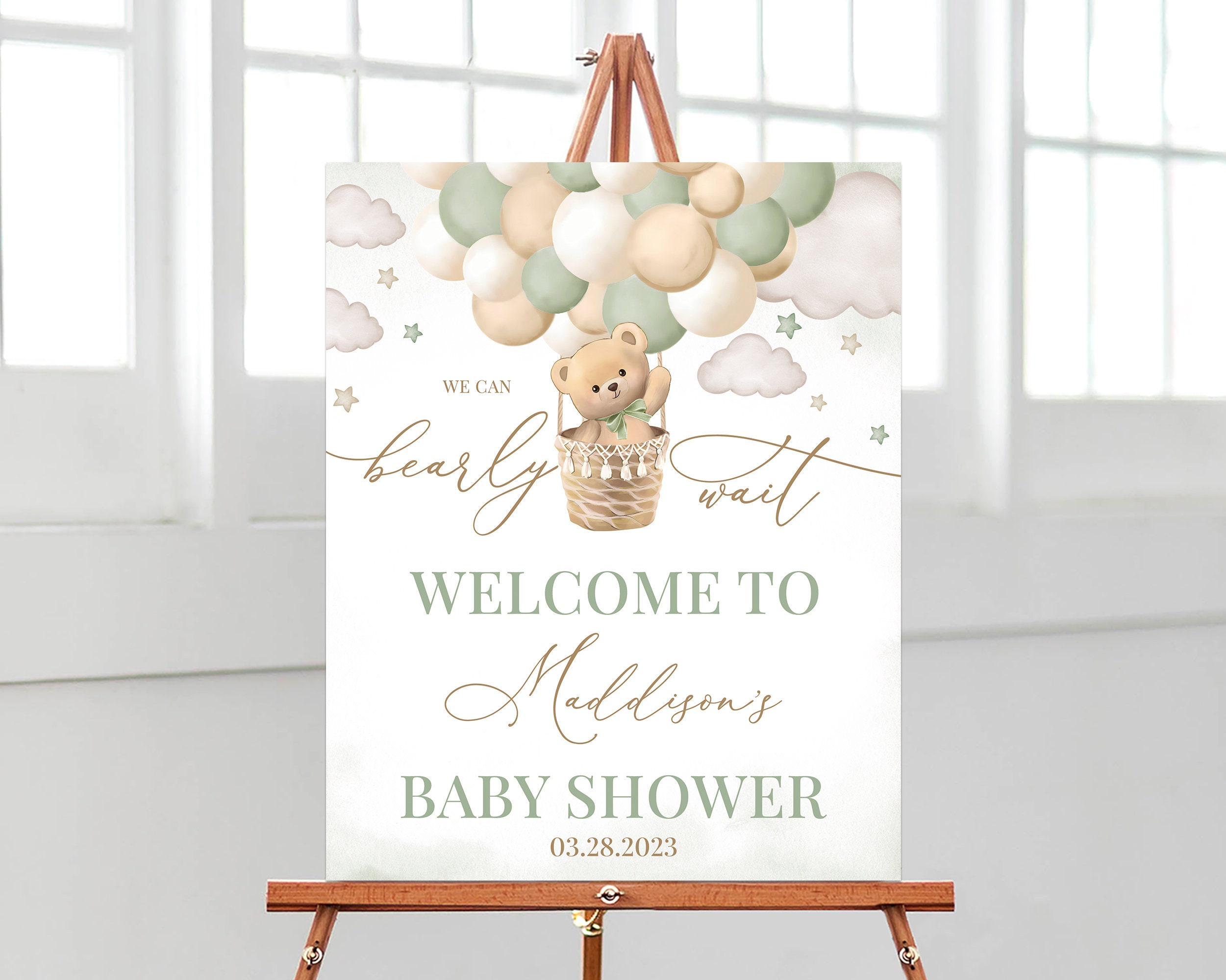Bearbeitbares Bärngrün Heißluftballon-Babyparty-Willkommensschild, Wir können Bärenwart-Plakat tragen, geschlechtsneutrales Bärn-Babypartydekor, BBS461