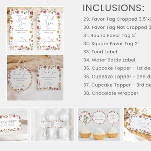 May include: A set of printable baby shower favor tags with a floral design. The tags feature the text "Thank You for showering baby with love" and the name "Samantha". The tags are available in various shapes and sizes, including cropped and uncropped versions, round, square, and food labels. The set also includes cupcake toppers and a chocolate wrapper.