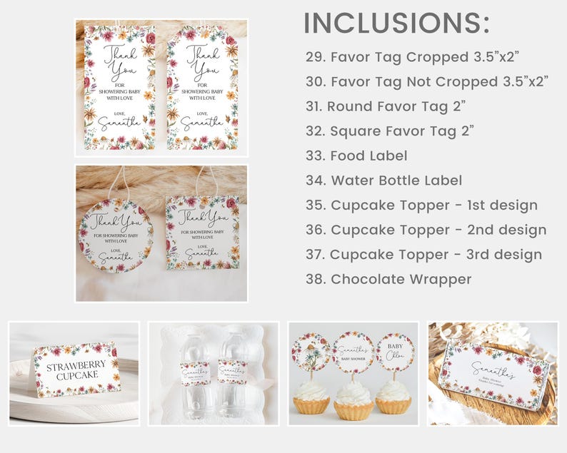 May include: A set of printable baby shower favor tags with a floral design. The tags feature the text "Thank You for showering baby with love" and the name "Samantha". The tags are available in various shapes and sizes, including cropped and uncropped versions, round, square, and food labels. The set also includes cupcake toppers and a chocolate wrapper.