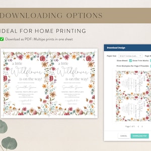 May include: A printable baby shower invitation featuring a floral design. The invitation reads "a little wildflower is on the way!" and includes the name Samantha Grace, the date March 29th at 2pm, and the location. The invitation is designed to be printed on A4 paper.