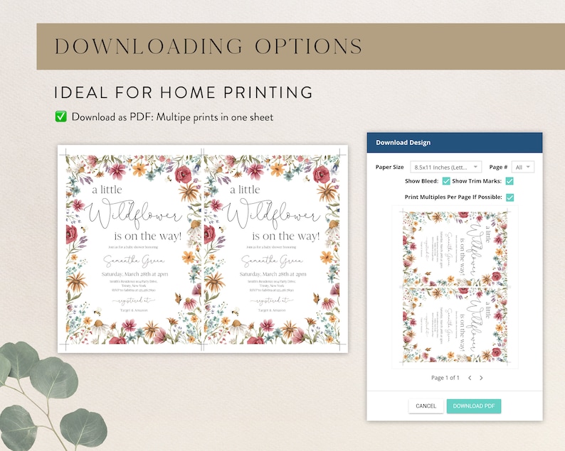 May include: A printable baby shower invitation featuring a floral design. The invitation reads "a little wildflower is on the way!" and includes the name Samantha Grace, the date March 29th at 2pm, and the location. The invitation is designed to be printed on A4 paper.