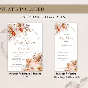 Puede incluir: Dos plantillas editables de invitaci&oacute;n para baby shower. Las invitaciones presentan un dise&ntilde;o floral con calabazas y flores secas. La invitaci&oacute;n para imprimir es de 12,7 cm x 17,8 cm. La invitaci&oacute;n para enviar mensajes de texto es de 1080px x 1920px y 1125px x 2436px.