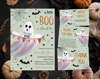 Editable A Little Boo Baby Shower Invitation Bundle, Ghost Halloween Baby Shower Invite, Gender Neutral Halloween Baby Shower Invite, BBS786