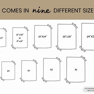May include: A chart showing nine different sizes of prints available, including 11"x14", 16"x20", 18"x24", 20"x30", 24"x36", A4, A3, A2, and A1. The text "COMES IN nine DIFFERENT SIZES" is at the top of the chart.