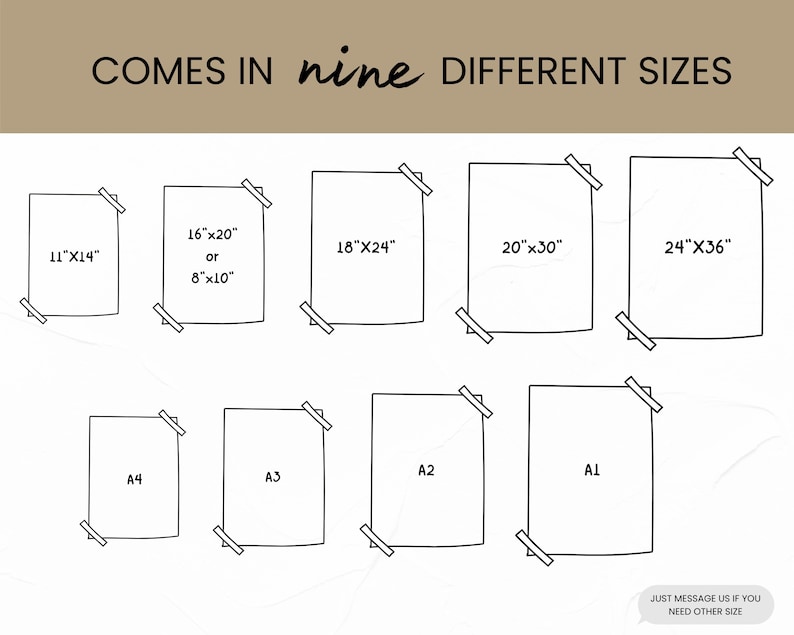 May include: A chart showing nine different sizes of prints available, including 11"x14", 16"x20", 18"x24", 20"x30", 24"x36", A4, A3, A2, and A1. The text "COMES IN nine DIFFERENT SIZES" is at the top of the chart.