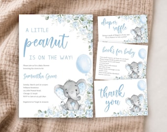 May include: A baby shower invitation set featuring a gray elephant illustration, light blue balloons, and blue floral accents. The text reads A LITTLE peanut IS ON THE WAY, Diaper Raffle, Books for Baby, and thank you, with event details included.