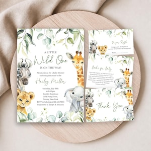 Editable A Little Wild One Baby Shower Invitation Bundle, Safari Jungle Baby Shower Invite Pack, Greenery Safari Animals Baby Shower, BBS340