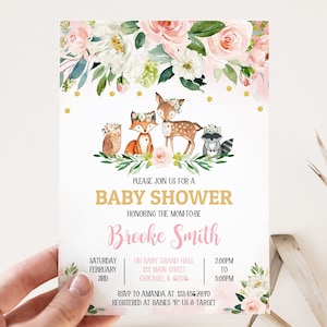 Redigerbar babyshowerinbjudan med blommor i skogsmark, babyshowerinbjudan för flicka i skogsmark, babyshowerinbjudan med rosa blommor i skogsmark, BBS145