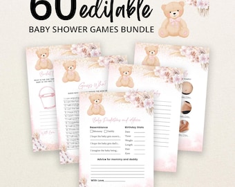 Może przedstawiać: Zestaw 60 edytowalnych kart do gier na baby shower z ilustracją jasnobrązowego misia, różowymi akcentami kwiatowymi i złotymi drobinkami brokatu. Karty zawierają tekst, taki jak Baby Predictions and Advice, Guess Who oraz Bucket List.