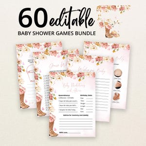 Op de afbeelding: Een bundel van 60 bewerkbare babyshower-spelkaarten met bloemaccenten en cowboylaarzen. De kaarten bevatten titels zoals Baby Predictions and Advice, Guess Who en Wishes for Baby, met roze aquarelachtergronden en zwarte tekst.